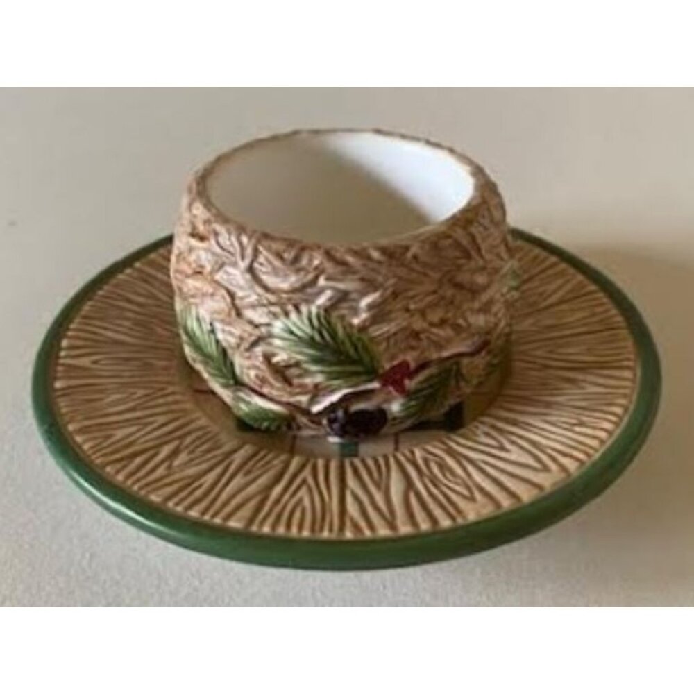Vintage Yankee Candle Round Ceramic Tealight Candleholder Floral Green Tan